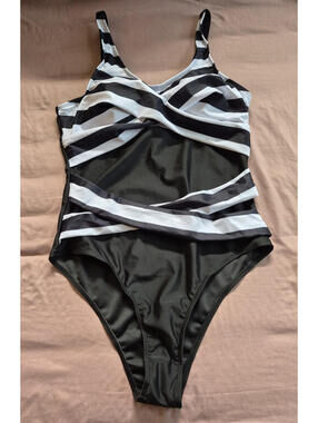 Women's Black White Striped One Piece Swimsuit Wide Strap Size L